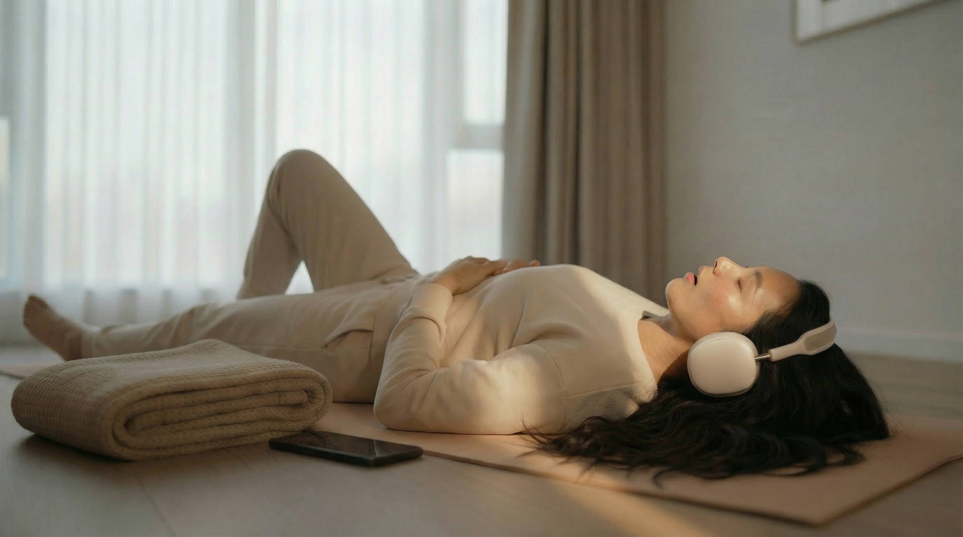 Deep exhale during guided breathwork release phase
